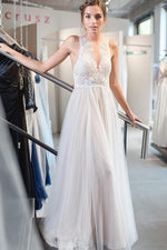 Floor-Length V-Neck A-line Ivory Wedding Dress with Lace