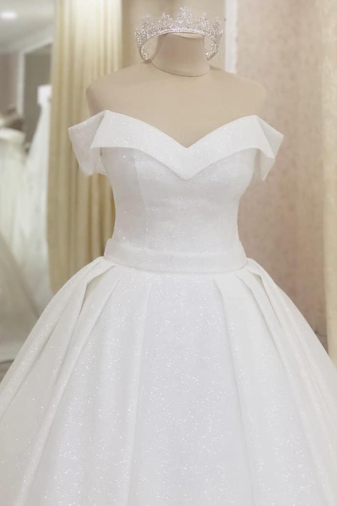 Long Glitter A-line Off Shoulder White Wedding Dress