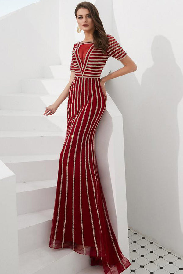 Mermaid Black Beading Long Prom Evening Dress with Sleeves