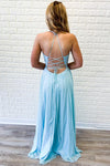 Deep V Lace-Up Long Sky Blue Prom Dress with Appliques