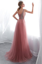 Beading Tulle Pink Long Prom Dress with Side Slit