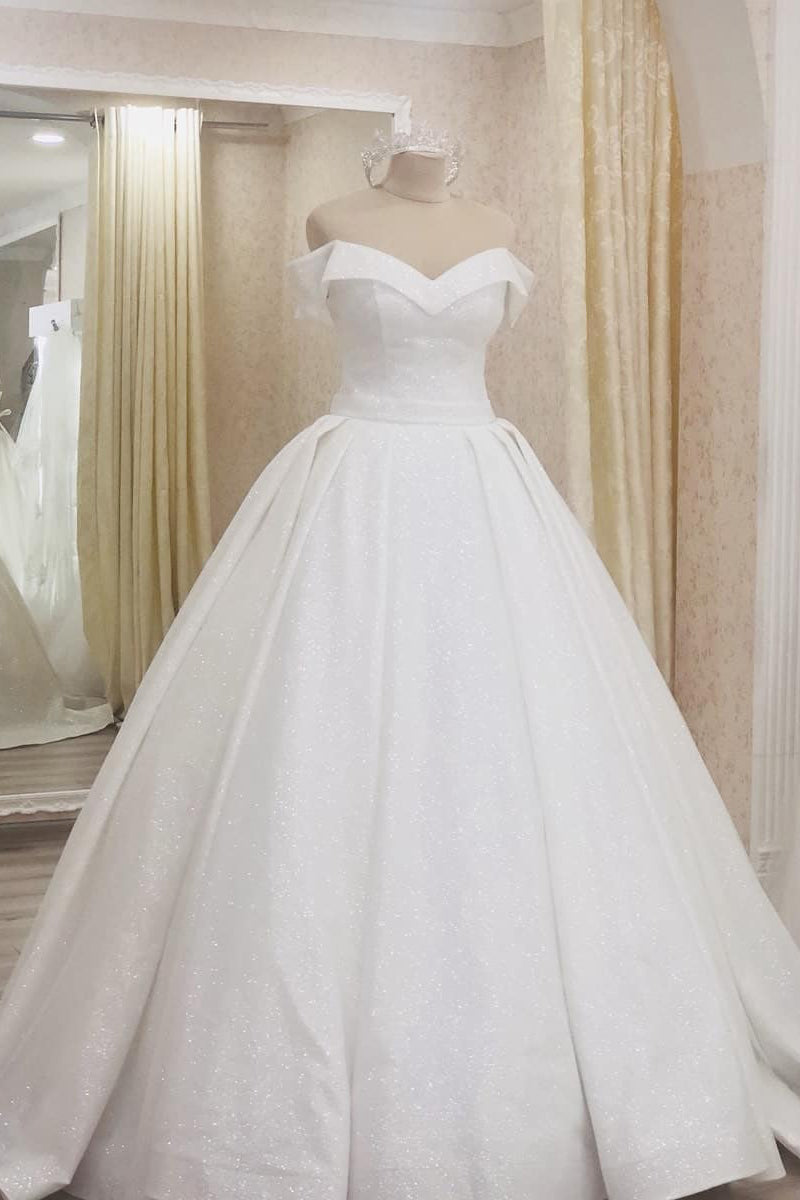 Long Glitter A-line Off Shoulder White Wedding Dress