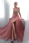 Beading Tulle Pink Long Prom Dress with Side Slit