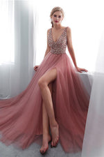 Beading Tulle Pink Long Prom Dress with Side Slit