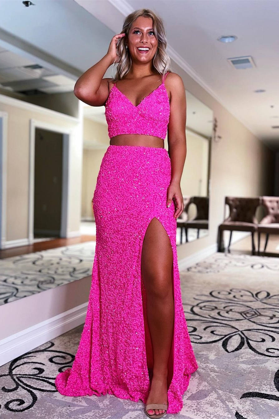 Two Piece Orange Sequins Long Prom Dress FancyVestido Two Piece Orange Sequins Long Prom Dress FancyVestido