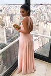 High Neck Hollow Out Long Pink Prom Dress with Pleats