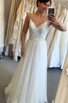Long A-line Spaghetti Strap Ivory Wedding Dress with Lace