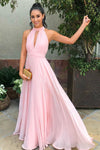High Neck Hollow Out Long Pink Prom Dress with Pleats