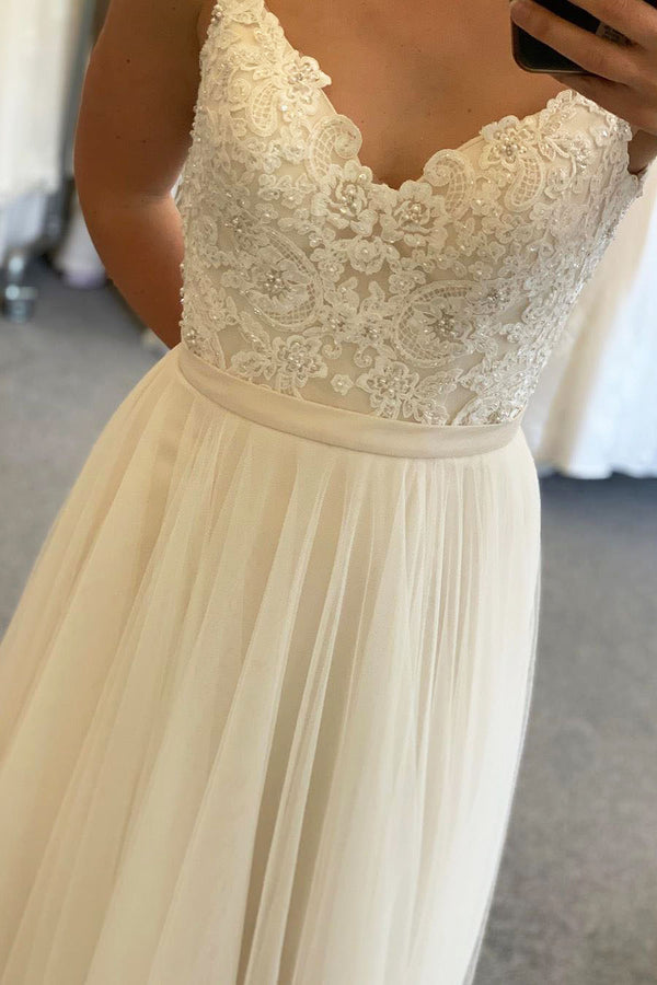Long A-line Spaghetti Strap Ivory Wedding Dress with Lace