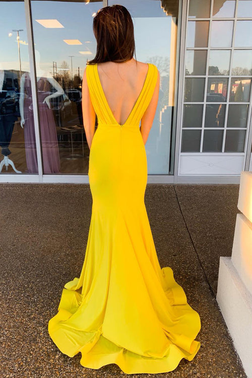 Mermaid V-Back Ruched Long Yellow Prom Dress