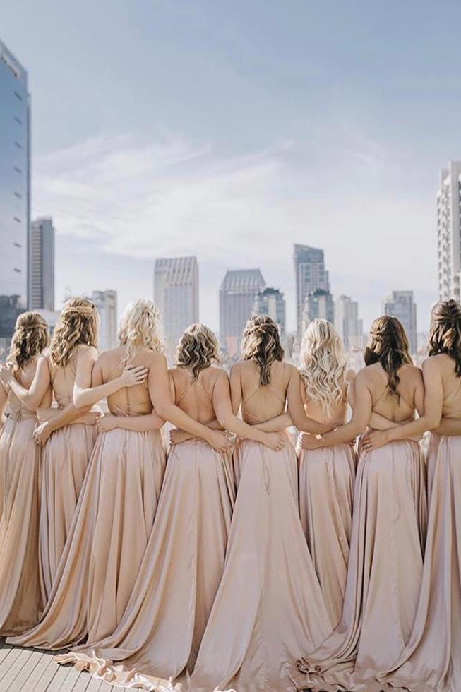 Straps Long Champagne Bridesmaid Dress with Criss Back FancyVestido Straps Long Champagne Bridesmaid Dress with Criss Back FancyVestido