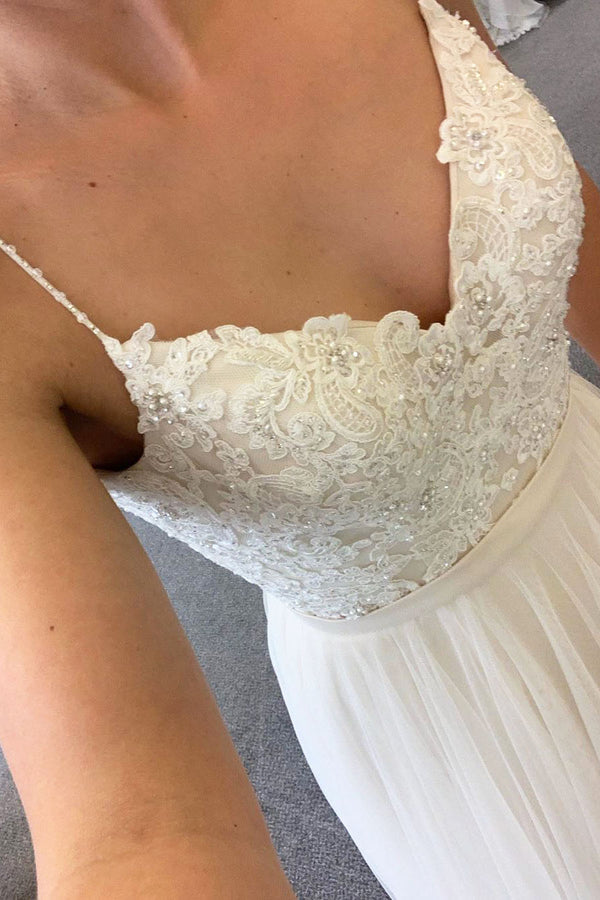 Long A-line Spaghetti Strap Ivory Wedding Dress with Lace