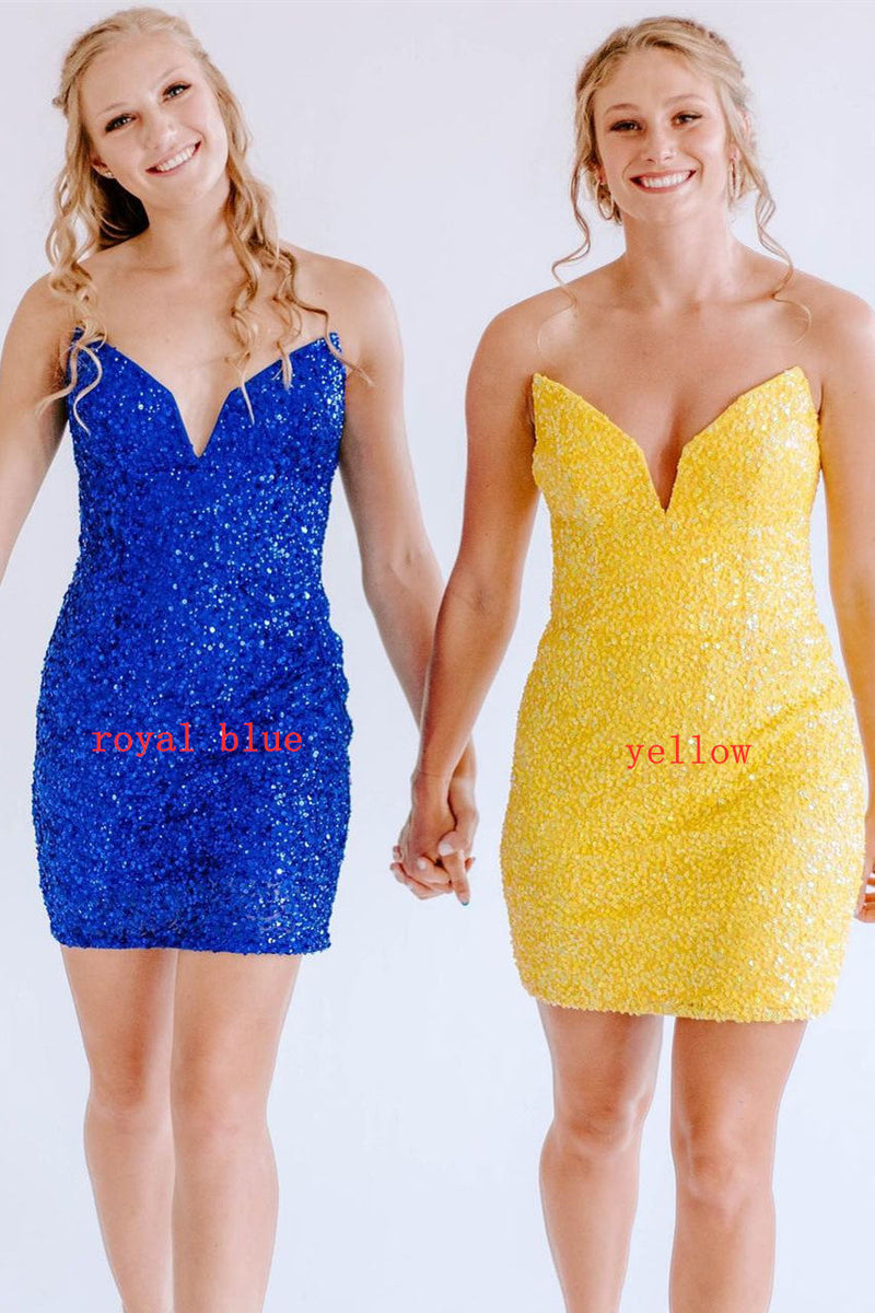 Strapless Yellow Bodycon Sequined Homecoming Dress