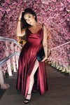 Tie Straps Burgundy Long Prom Dress with Slit