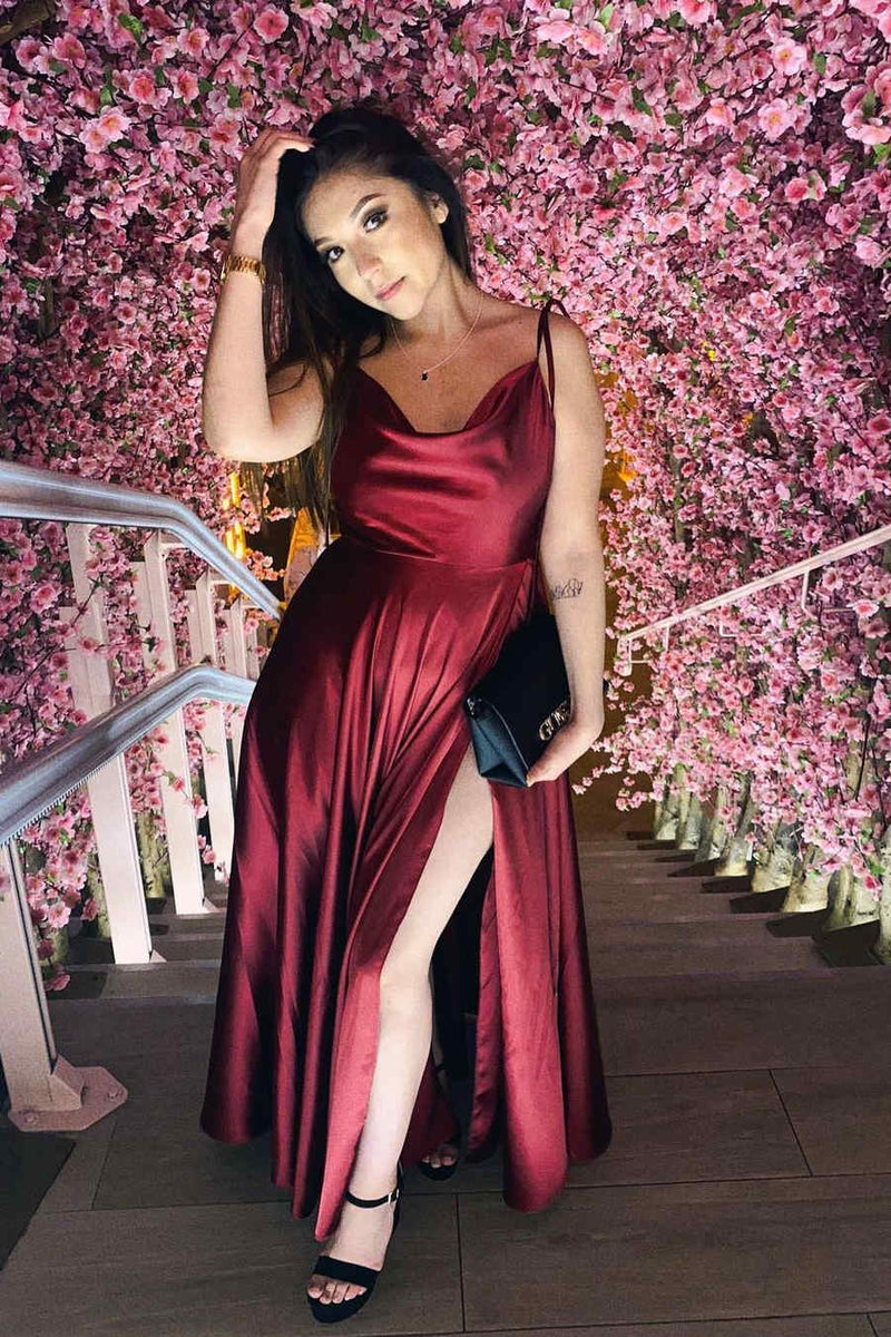 Tie Straps Burgundy Long Prom Dress with Slit