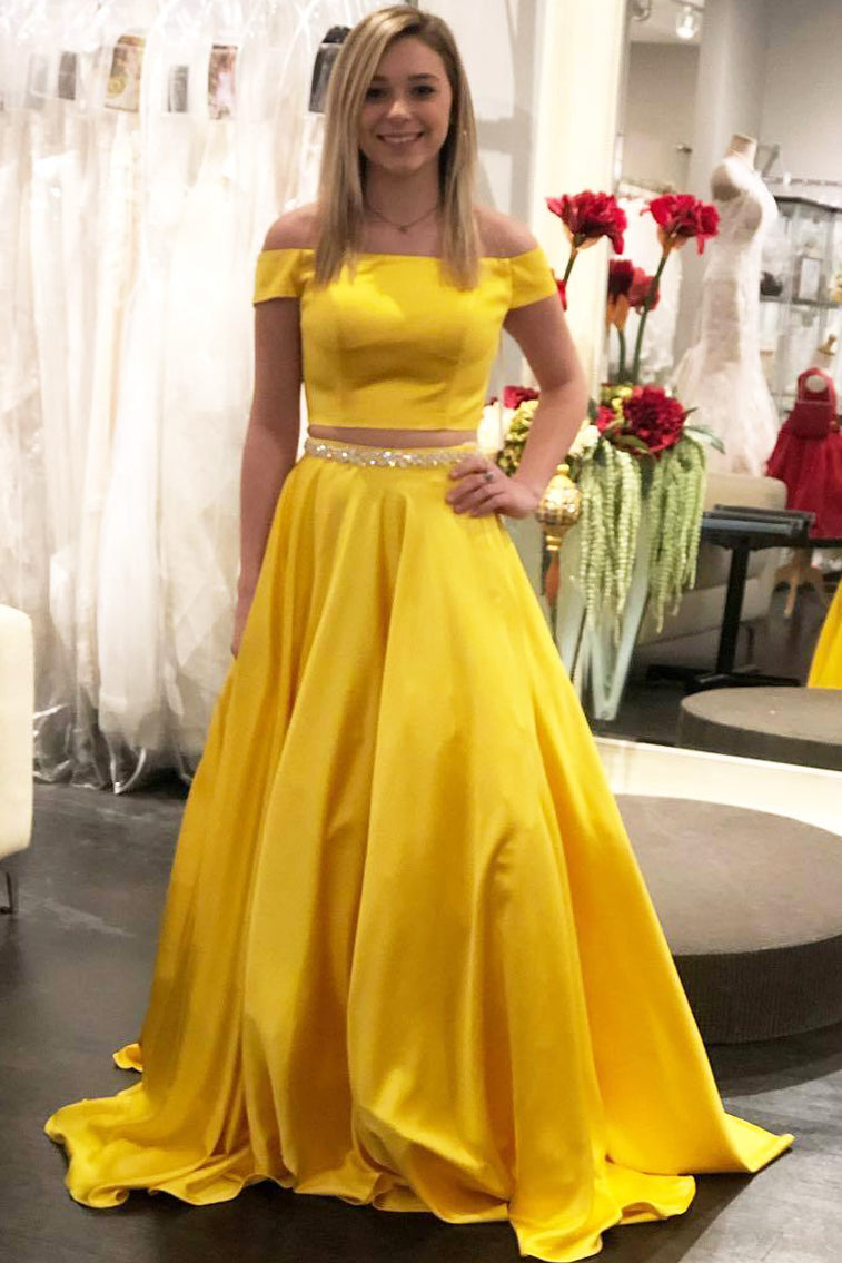 Elegant Off the Shoulder Two Piece Daffodil Prom Dress with Beaded Bel FancyVestido Elegant Off the Shoulder Two Piece Daffodil Prom Dress with Beaded Bel FancyVestido