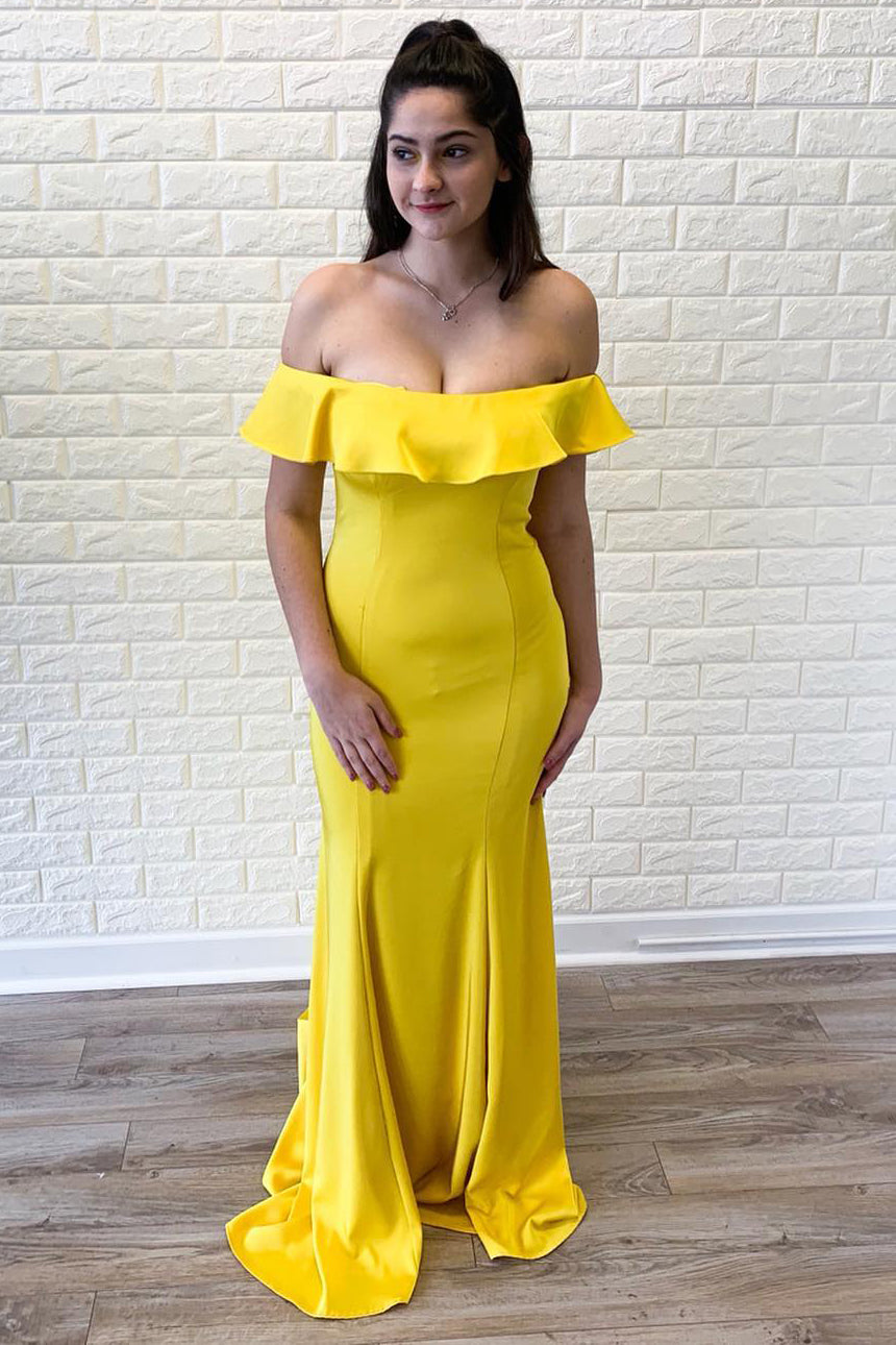 Plus Size Off Shoulder Mermaid Long Yellow Prom Dress