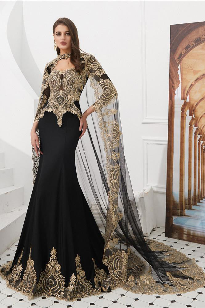 Elegant Black and Gold Embroidered Mermaid Evening Dress  FancyVestido