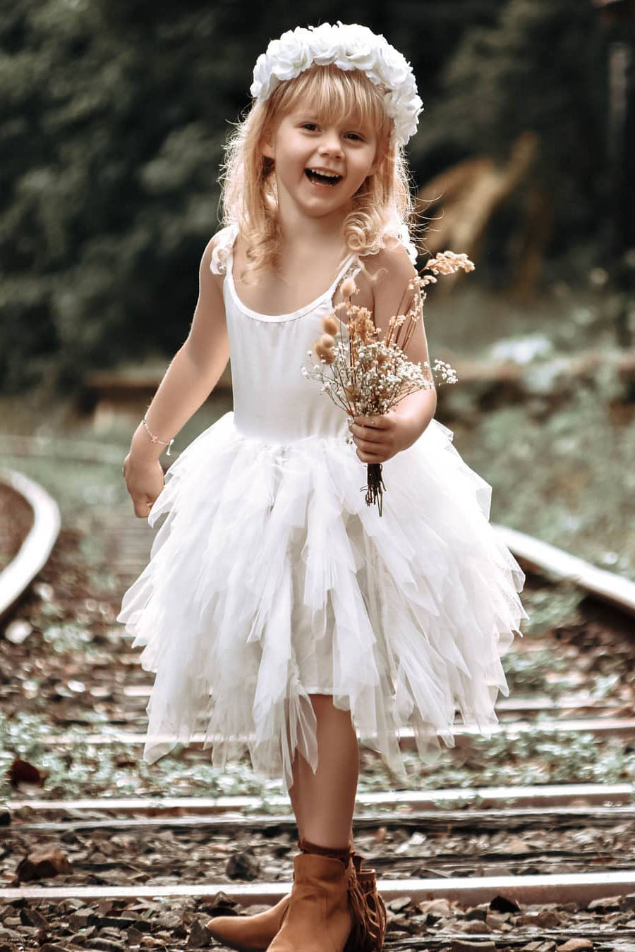 Asymmetrical Knee Length Tiered White Flower Girl Dress