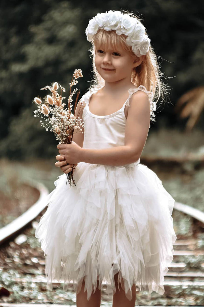 Asymmetrical Knee Length Tiered White Flower Girl Dress