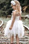 Asymmetrical Knee Length Tiered White Flower Girl Dress