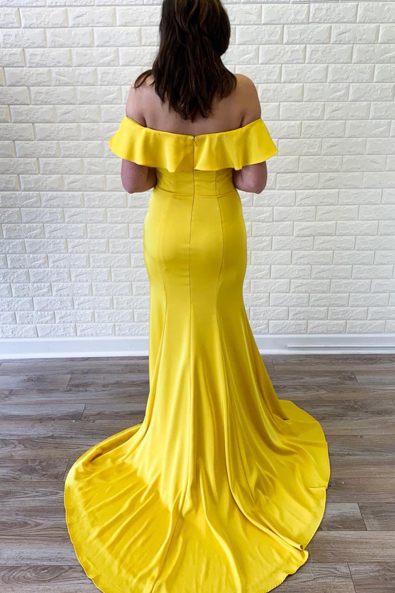 Plus Size Off Shoulder Mermaid Long Yellow Prom Dress