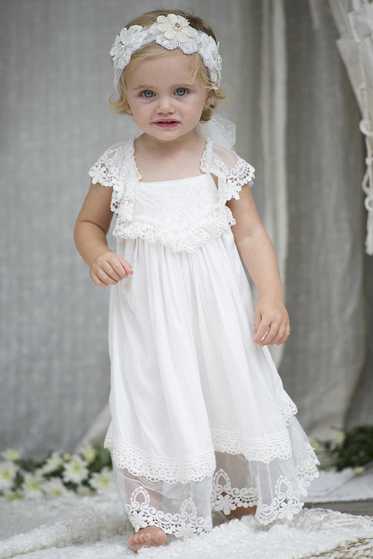 Adorable White Chiffon Long Flower Girl Dress with Criss Back