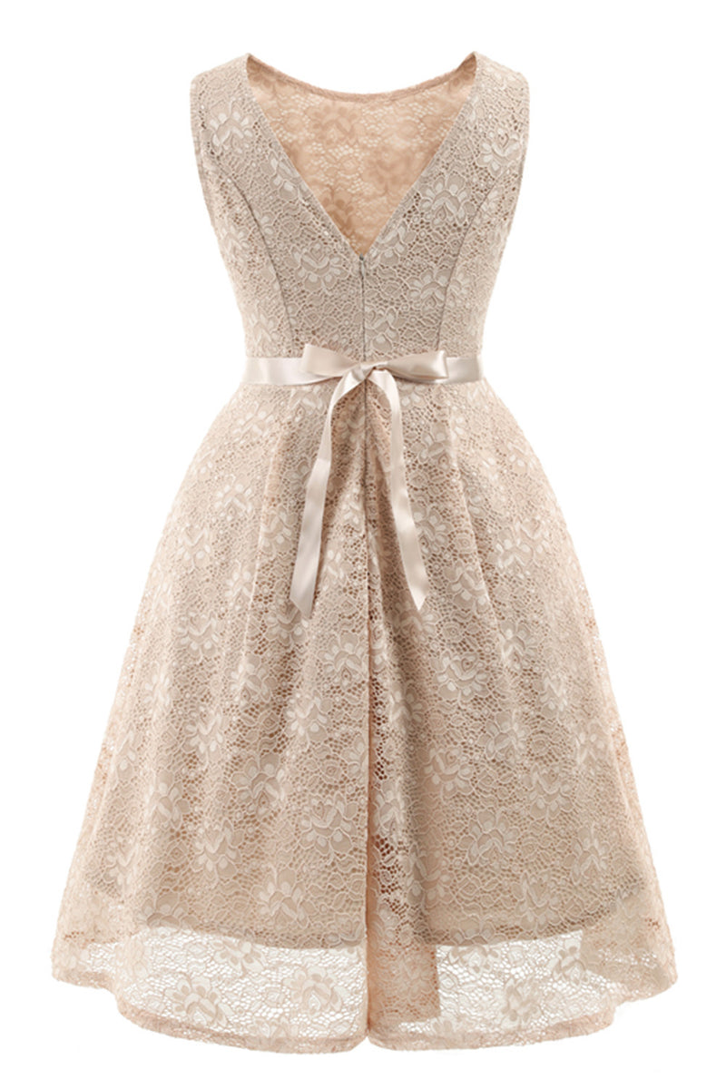 Scoop Lace Ivory Short Party Dress with Ribbon