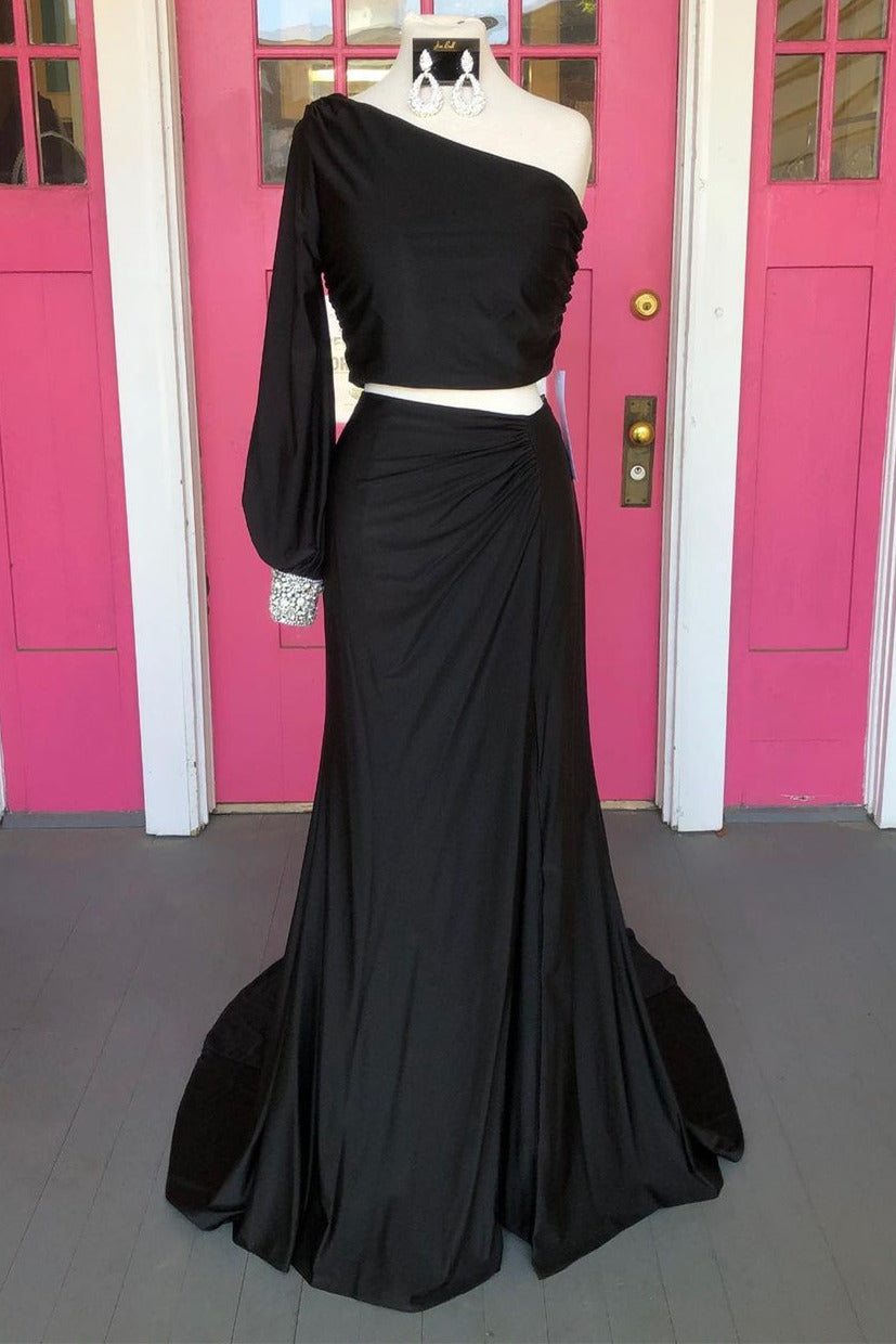 One Shoulder Black Long Dress Two Piece Prom Dress  FancyVestido