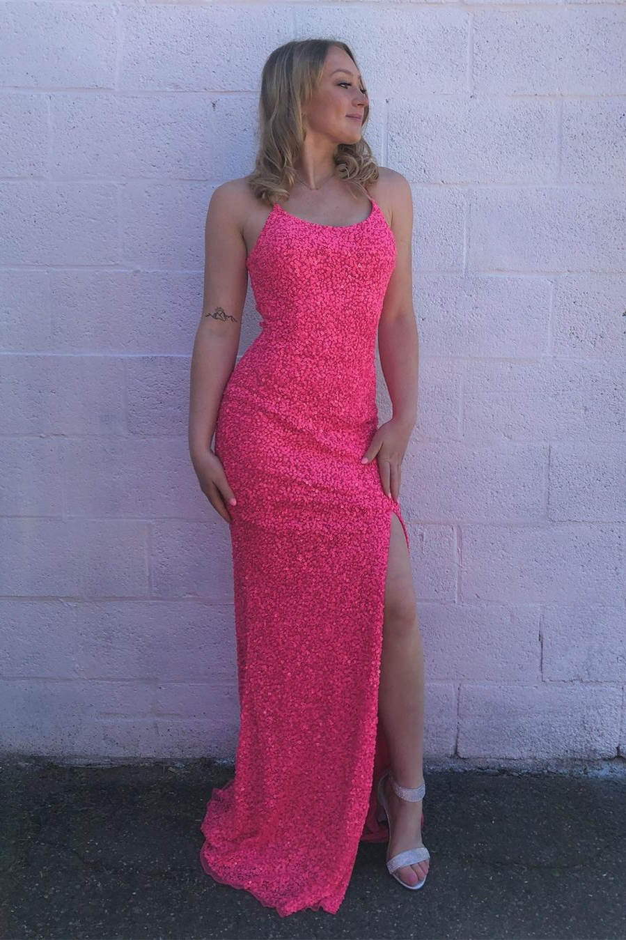 Mermaid Hot Pink Sequined Pom Dress with Slit – FancyVestido