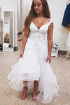 High-Low V-Neck A-line White Wedding Dress with Lace