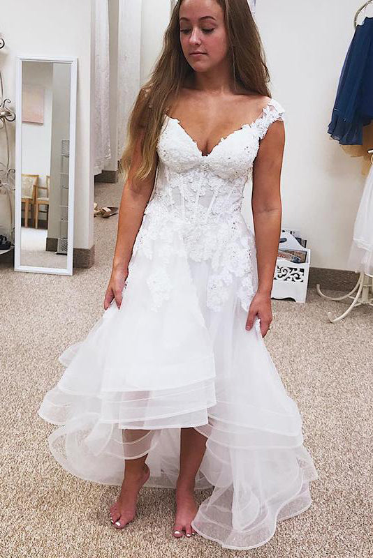 High-Low V-Neck A-line White Wedding Dress with Lace FancyVestido High-Low V-Neck A-line White Wedding Dress with Lace FancyVestido