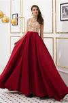 High Neck Beading Long Red Prom Dress with Short Sleeves