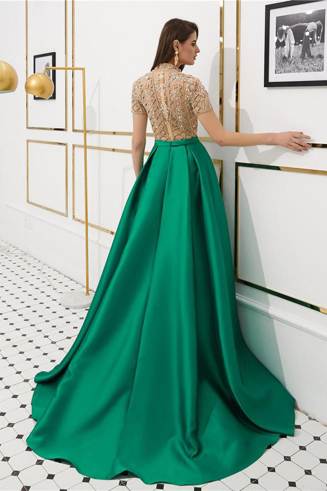 High Neck Beading Long Red Prom Dress with Short Sleeves FancyVestido High Neck Beading Long Red Prom Dress with Short Sleeves FancyVestido