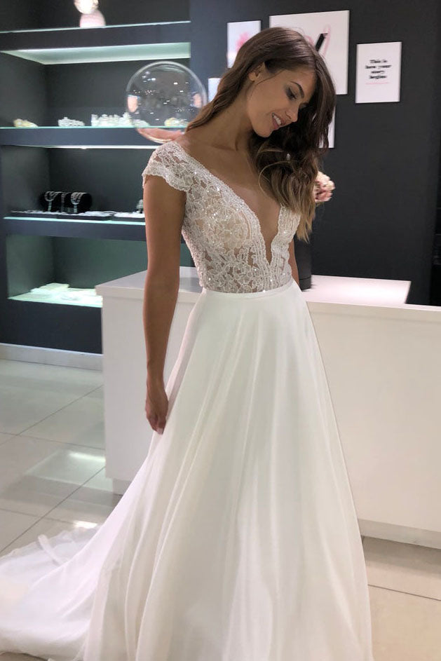 Princess A-line Long Deep V-Neck White Chiffon Wedding Dress