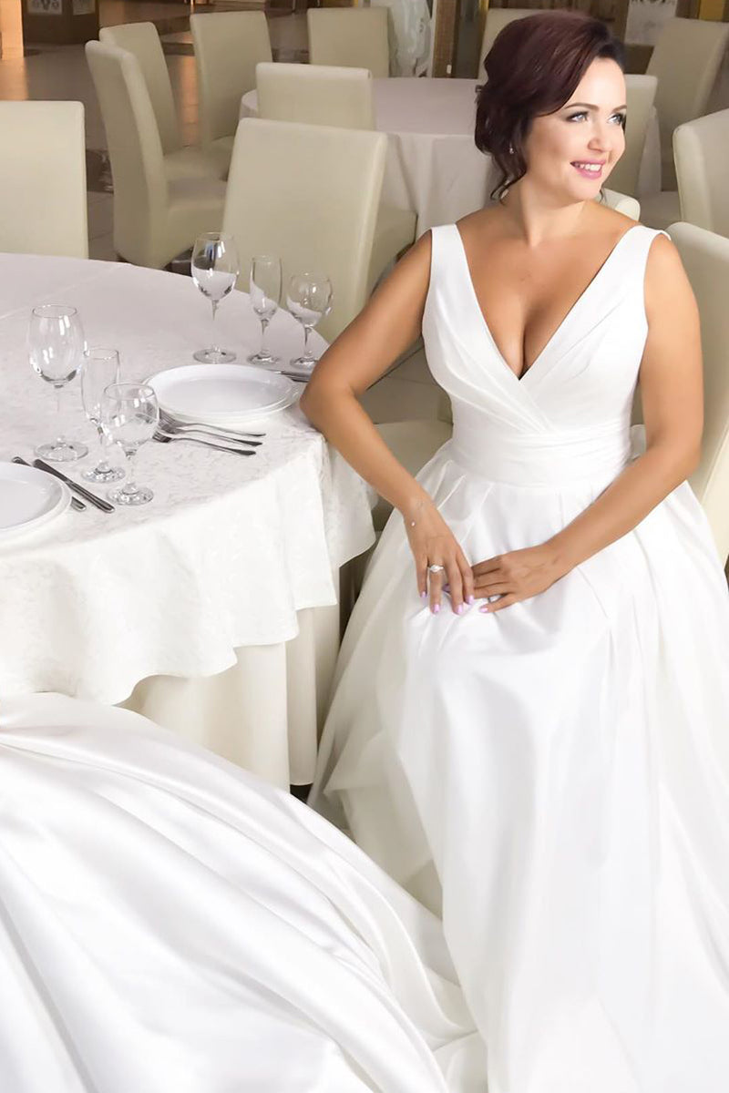 Long Simple V-Neck Empire White Wedding Dress