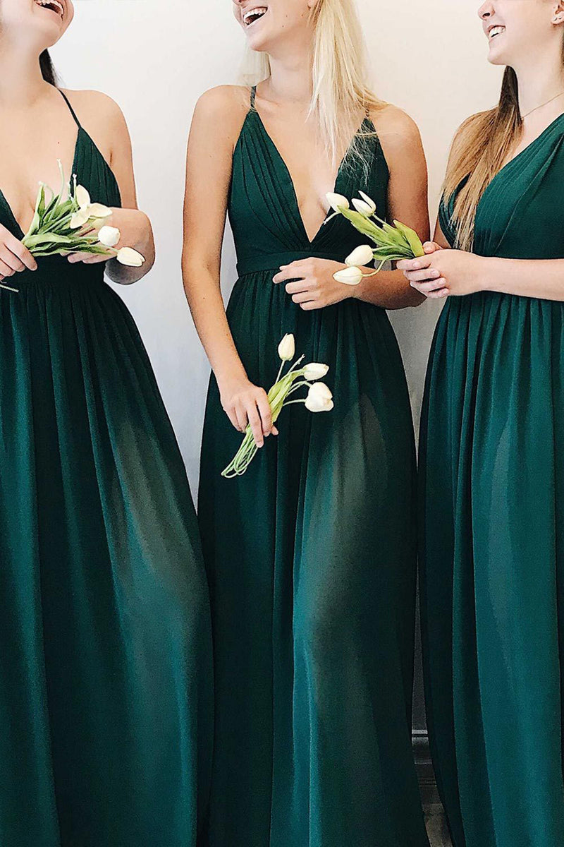 Plunging Neck A-Line Dark Green Bridesmaid Dress