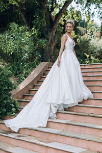 deep v neck white dress Attractive Pleats Beach Wedding Boho Bridal Gown QW2348 US6 / Custom Color Back Zipper Sparkly A-line Long Deep V-Neck