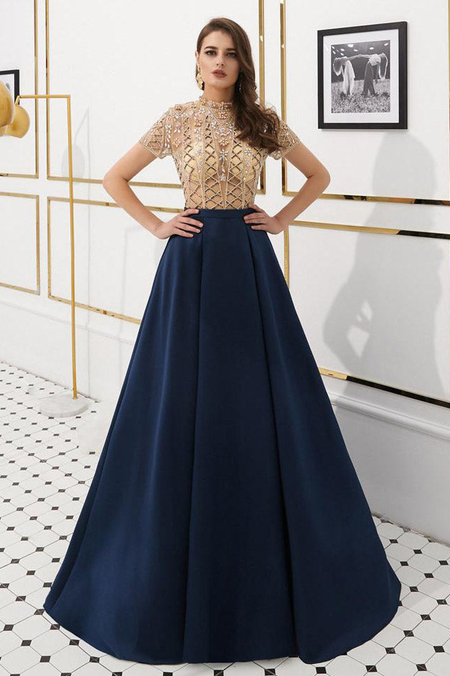 High Neck Beading Long Red Prom Dress with Short Sleeves FancyVestido High Neck Beading Long Red Prom Dress with Short Sleeves FancyVestido