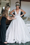 Sparkly A-line Long Deep V-Neck Princess White Wedding Dress