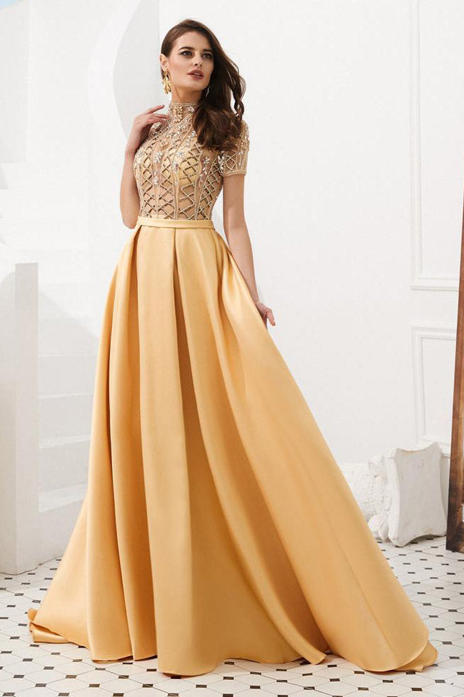 High Neck Beading Long Red Prom Dress with Short Sleeves FancyVestido High Neck Beading Long Red Prom Dress with Short Sleeves FancyVestido