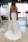 Princess A-line Long Deep V-Neck White Chiffon Wedding Dress