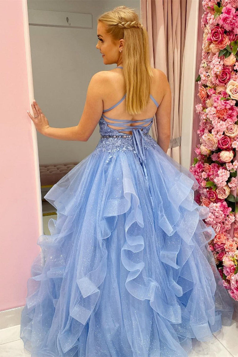 Princess Sky Blue Tiered Tulle Porm Dresss with Appliques