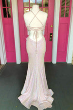 Halter Pearl Pink Sequins Long Formal Dress