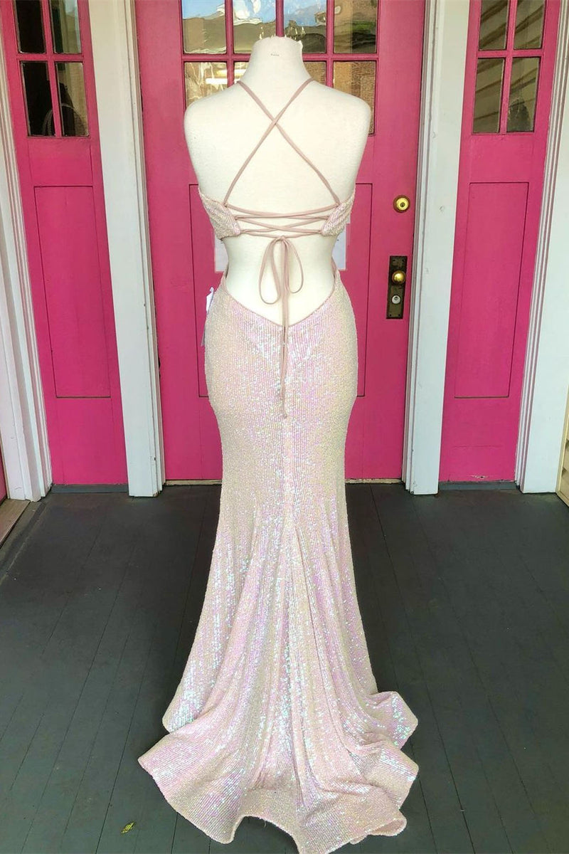 Halter Pearl Pink Sequins Long Formal Dress