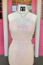 Halter Pearl Pink Sequins Long Formal Dress