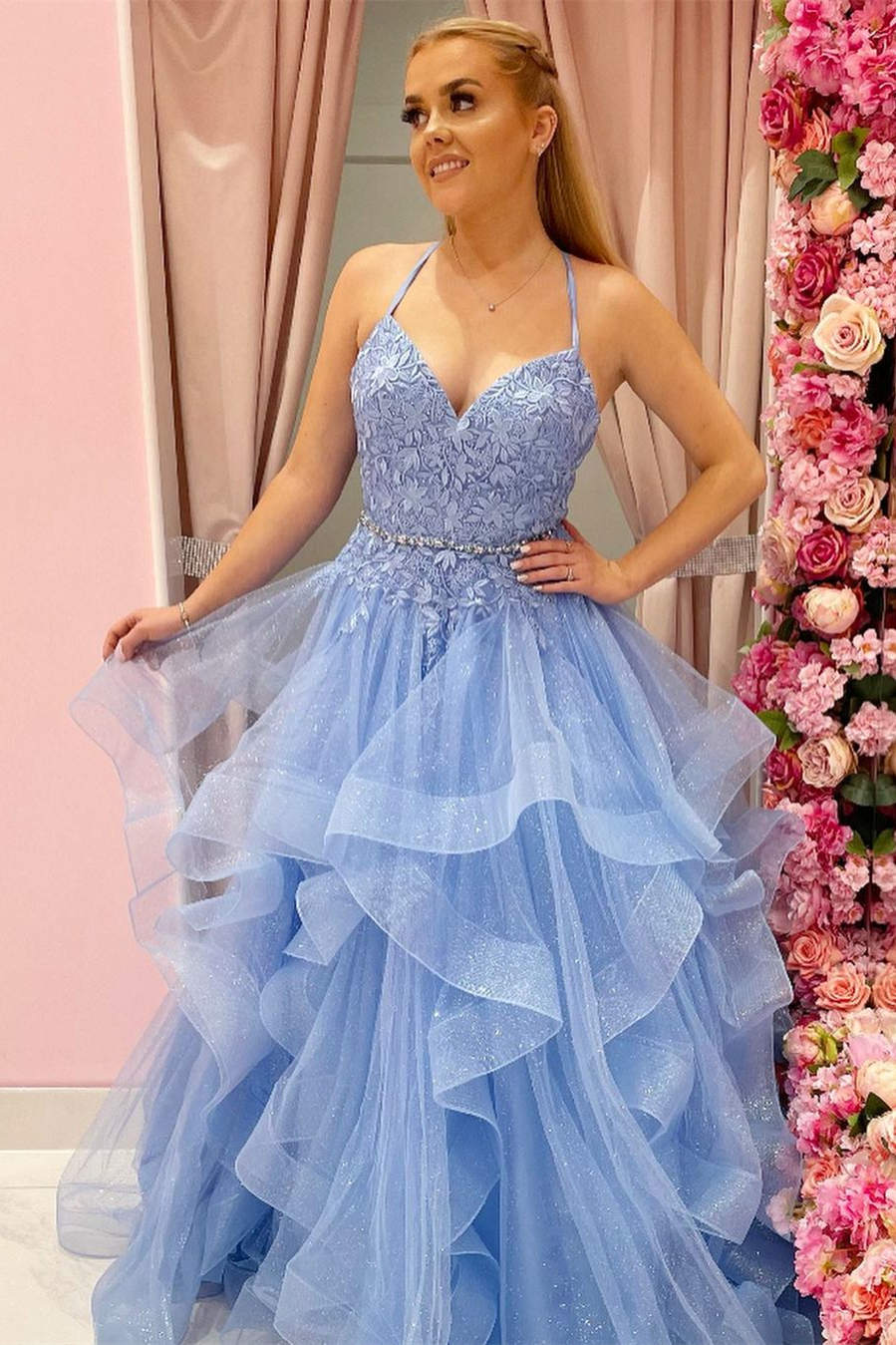 Princess Sky Blue Tiered Tulle Prom Dress with Appliques