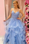 Princess Sky Blue Tiered Tulle Porm Dresss with Appliques