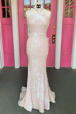 Halter Pearl Pink Sequins Long Formal Dress