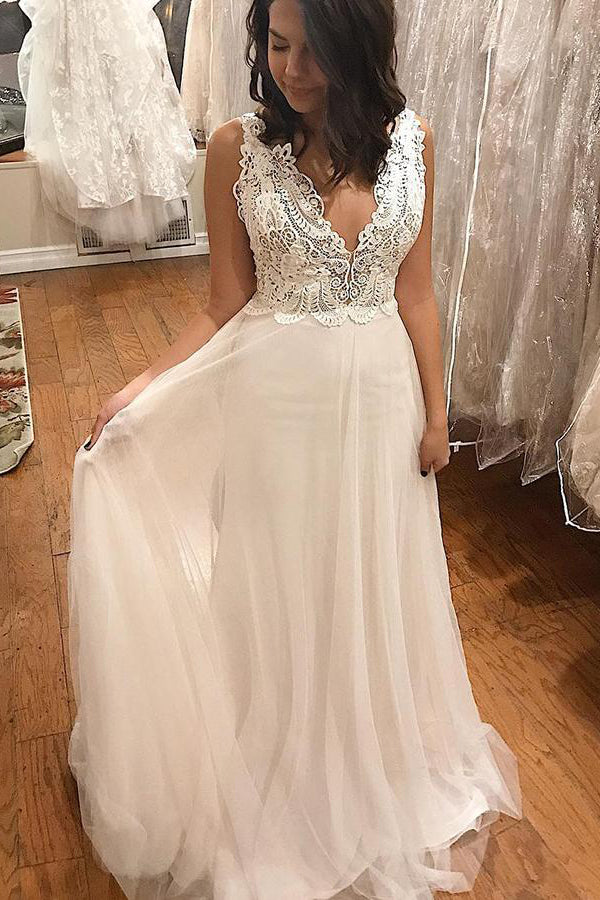 Boho Long V-Neck A-line Ivory Wedding Dress with Lace